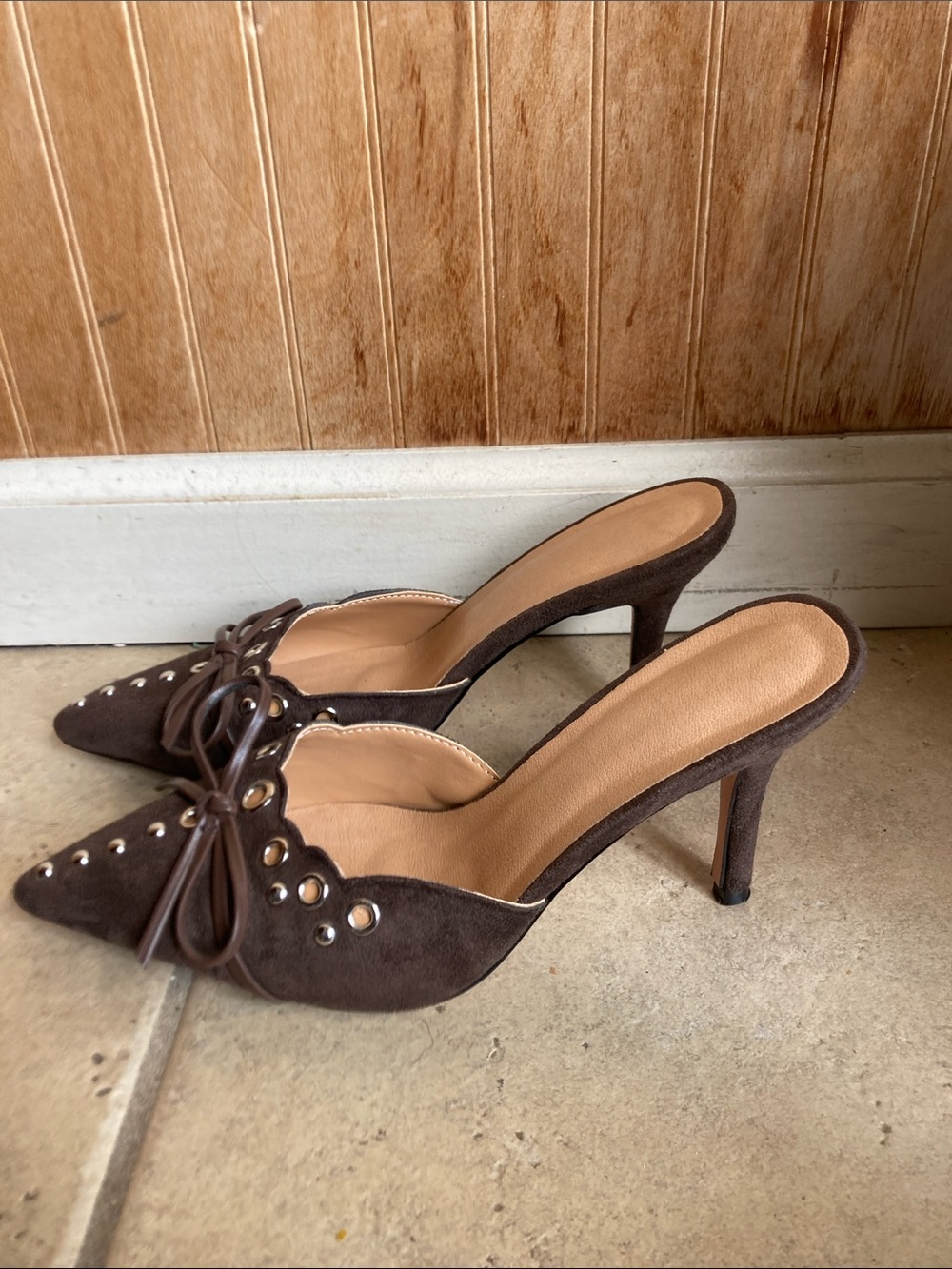 Brown Suede Pointed Toe Heeled Mules with Eyelet Detail
